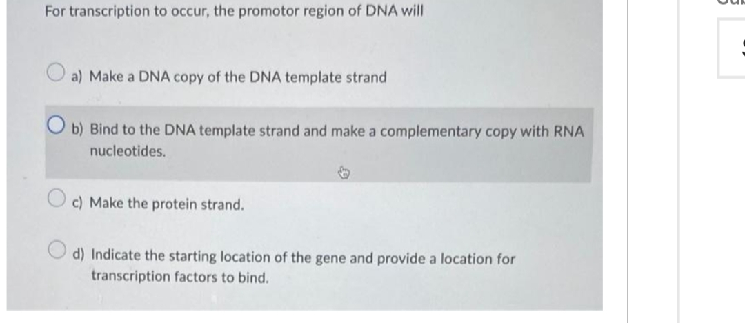 For transcription to occur, the promotor region of DNA will
a) Make a DNA copy of the DNA template strand
O b) Bind to the DNA template strand and make a complementary copy with RNA
nucleotides.
c) Make the protein strand.
d) Indicate the starting location of the gene and provide a location for
transcription factors to bind.
