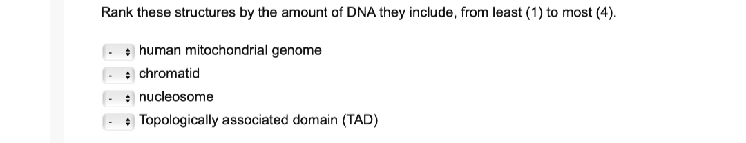 Rank these structures by the amount of DNA they include, from least (1) to most (4).
+ human mitochondrial genome
+ chromatid
* nucleosome
+ Topologically associated domain (TAD)
