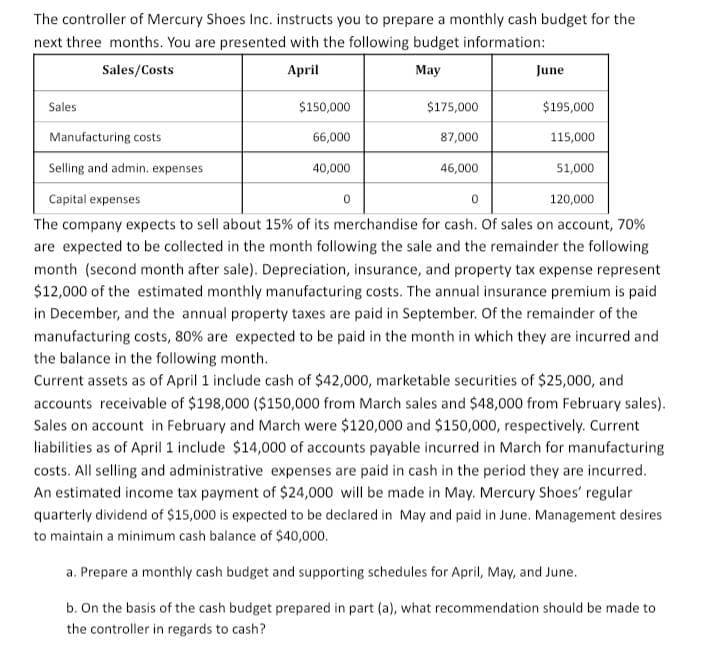The controller of Mercury Shoes Inc. instructs you to prepare a monthly cash budget for the
next three months. You are presented with the following budget information:
Sales/Costs
Sales
Manufacturing costs
Selling and admin. expenses
Capital expenses
April
May
June
$150,000
$175,000
$195,000
66,000
87,000
115,000
40,000
46,000
51,000
0
0
120,000
The company expects to sell about 15% of its merchandise for cash. Of sales on account, 70%
are expected to be collected in the month following the sale and the remainder the following
month (second month after sale). Depreciation, insurance, and property tax expense represent
$12,000 of the estimated monthly manufacturing costs. The annual insurance premium is paid
in December, and the annual property taxes are paid in September. Of the remainder of the
manufacturing costs, 80% are expected to be paid in the month in which they are incurred and
the balance in the following month.
Current assets as of April 1 include cash of $42,000, marketable securities of $25,000, and
accounts receivable of $198,000 ($150,000 from March sales and $48,000 from February sales).
Sales on account in February and March were $120,000 and $150,000, respectively. Current
liabilities as of April 1 include $14,000 of accounts payable incurred in March for manufacturing
costs. All selling and administrative expenses are paid in cash in the period they are incurred.
An estimated income tax payment of $24,000 will be made in May. Mercury Shoes' regular
quarterly dividend of $15,000 is expected to be declared in May and paid in June. Management desires
to maintain a minimum cash balance of $40,000.
a. Prepare a monthly cash budget and supporting schedules for April, May, and June.
b. On the basis of the cash budget prepared in part (a), what recommendation should be made to
the controller in regards to cash?
