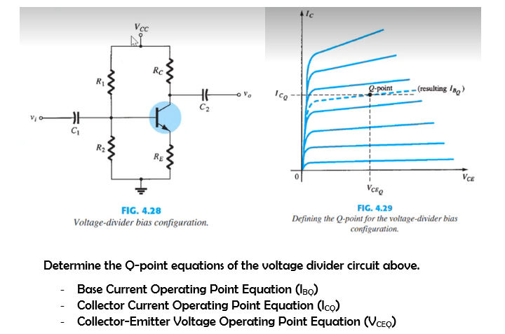HH
C₁
www
Vcc
Rc
RE
m
www
HH
C₂
FIG. 4.28
Voltage-divider bias configuration.
1cg
Q-point
1
VCEQ
(resulting 18g)
FIG. 4.29
Defining the Q-point for the voltage-divider bias
configuration.
Determine the Q-point equations of the voltage divider circuit above.
- Base Current Operating Point Equation (IBO)
Collector Current Operating Point Equation (Ico)
Collector-Emitter Voltage Operating Point Equation (VCEO)
VCE