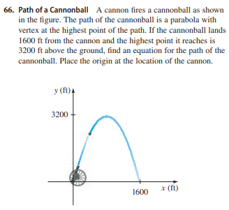 66. Path of a Cannonball A cannon fires a cannonball as shown
in the figure. The path of the cannonball is a parabola with
vertex at the highest point of the path. If the cannonball lands
1600 ft from the cannon and the highest point it reaches is
3200 ft above the ground, find an equation for the path of the
cannonball. Place the origin at the location of the cannon.
y (ft)4
3200
x (ft)
1600
