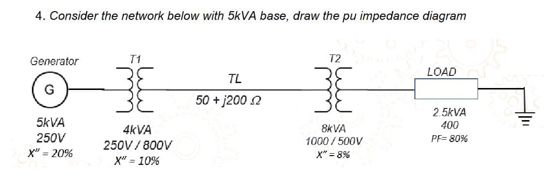 4. Consider the network below with 5KVA base, draw the pu impedance diagram
Generator
T1
T2
LOAD
TL
50 + j200 2
2.5KVA
5KVA
400
4KVA
8KVA
250V
1000/500V
PF= 80%
250V / 800V
X" = 20%
X" = 8%
X" = 10%
