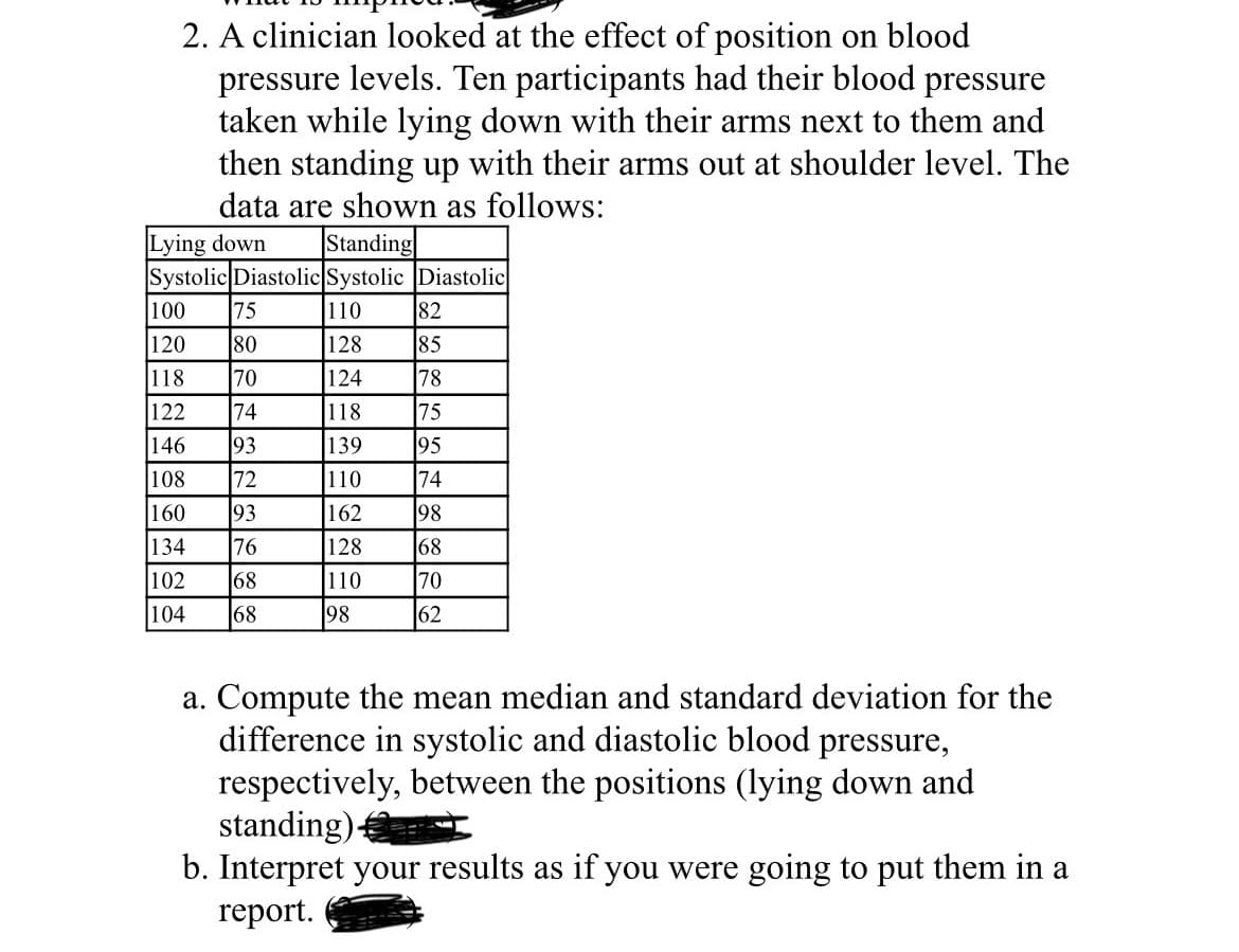 2. A clinician looked at the effect of position on blood
pressure levels. Ten participants had their blood pressure
taken while lying down with their arms next to them and
then standing up with their arms out at shoulder level. The
data are shown as follows:
Lying down
Standing
Systolic Diastolic Systolic
Diastolic
100 75
110
82
120
80
128
85
118
70
124 78
122
74
118
75
146
93
139
95
108
72
110
74
160
93
162
98
134
76
128
68
102
68
110
70
104
68
98
62
a. Compute the mean median and standard deviation for the
difference in systolic and diastolic blood pressure,
respectively, between the positions (lying down and
standing)-
b. Interpret your results as if you were going to put them in a
report.