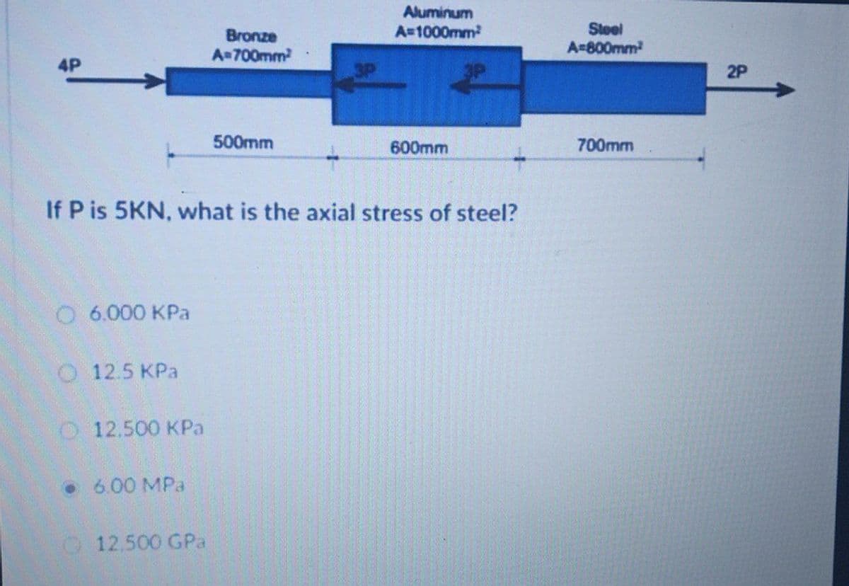 Aluminum
A=1000mm
Bronze
A=700mm
Steel
A=800mm
4P
2P
500mm
600mm
700mm
If P is 5KN, what is the axial stress of steel?
O 6.000 KPa
O 12.5 KPa
O 12,500 KPa
• 6.00 MPa
12,500 GPa
