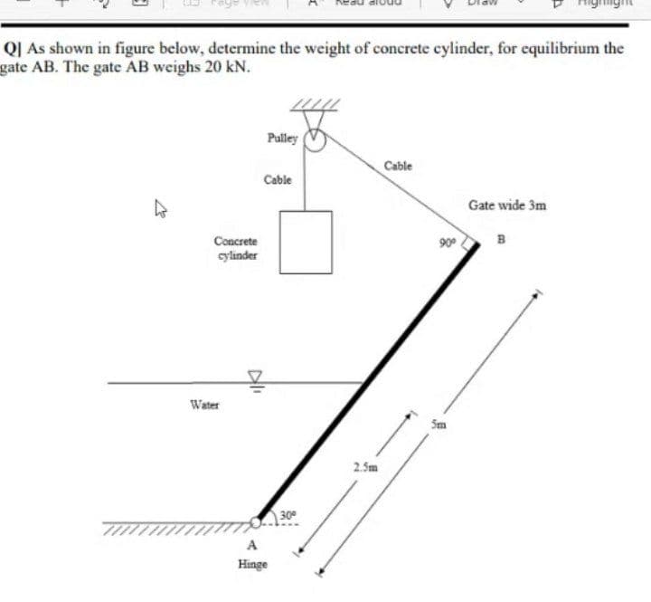 Q| As shown in figure below, determine the weight of concrete cylinder, for equilibrium the
gate AB. The gate AB weighs 20 kN.
Pulley
Cable
Cable
Gate wide 3m
B
Concrete
cylinder
90°
Water
Sm
2.5m
30
Hinge
