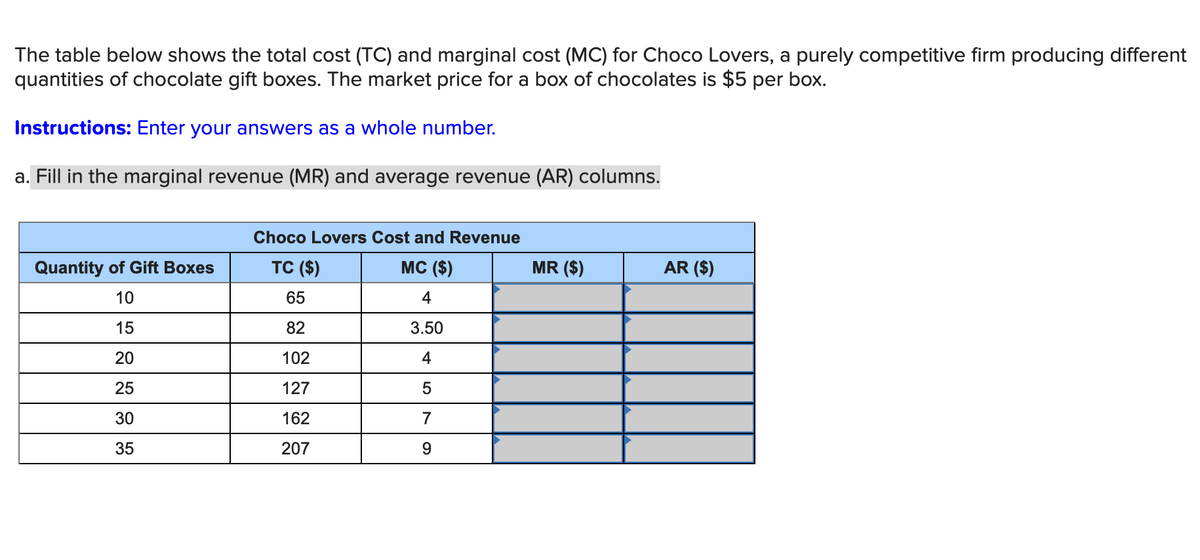 The table below shows the total cost (TC) and marginal cost (MC) for Choco Lovers, a purely competitive firm producing different
quantities of chocolate gift boxes. The market price for a box of chocolates is $5 per box.
Instructions: Enter your answers as a whole number.
a. Fill in the marginal revenue (MR) and average revenue (AR) columns.
Choco Lovers Cost and Revenue
Quantity of Gift Boxes
TC ($)
MC ($)
MR ($)
AR ($)
10
65
4
15
82
3.50
20
102
4
25
127
5
30
162
7
35
207
9