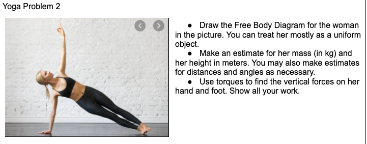 Yoga Problem 2
• Draw the Free Body Diagram for the woman
in the picture. You can treat her mostly as a uniform
object.
• Make an estimate for her mass (in kg) and
her height in meters. You may also make estimates
for distances and angles as necessary.
• Use torques to find the vertical forces on her
hand and foot. Show all your work.
