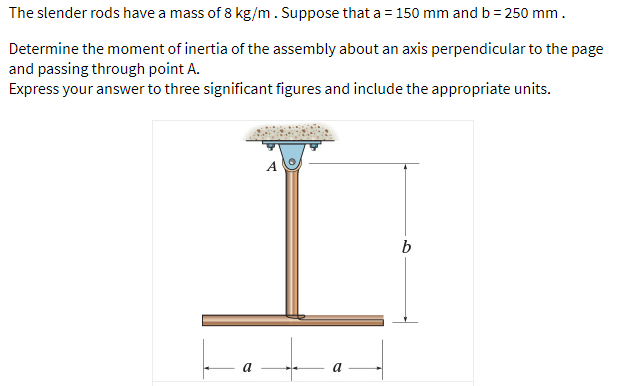 The slender rods have a mass of 8 kg/m. Suppose that a = 150 mm and b = 250 mm.
%3D
Determine the moment of inertia of the assembly about an axis perpendicular to the page
and passing through point A.
Express your answer to three significant figures and include the appropriate units.
