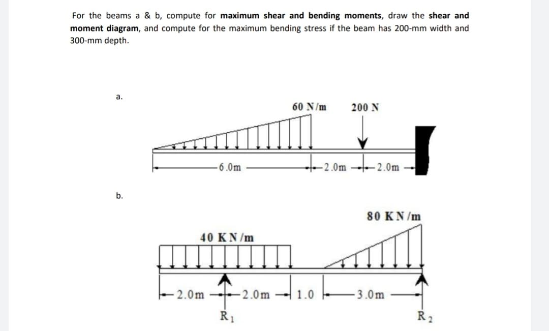 For the beams a & b, compute for maximum shear and bending moments, draw the shear and
moment diagram, and compute for the maximum bending stress if the beam has 200-mm width and
300-mm depth.
a.
60 N/m
200 N
-6.0m
-2.0m-2.0m
b.
40 KN/m
2.0m-
R₁
-2.0m
1.0
80 KN/m
-3.0m
R2
