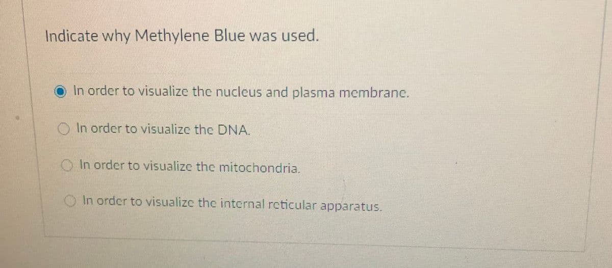 Indicate why Methylene Blue was used.
In order to visualizc the nucleus and plasma membranc.
O In order to visualize the DNA.
O In order to visualize the mitochondria.
O In order to visualizc the internal reticular apparatus.
