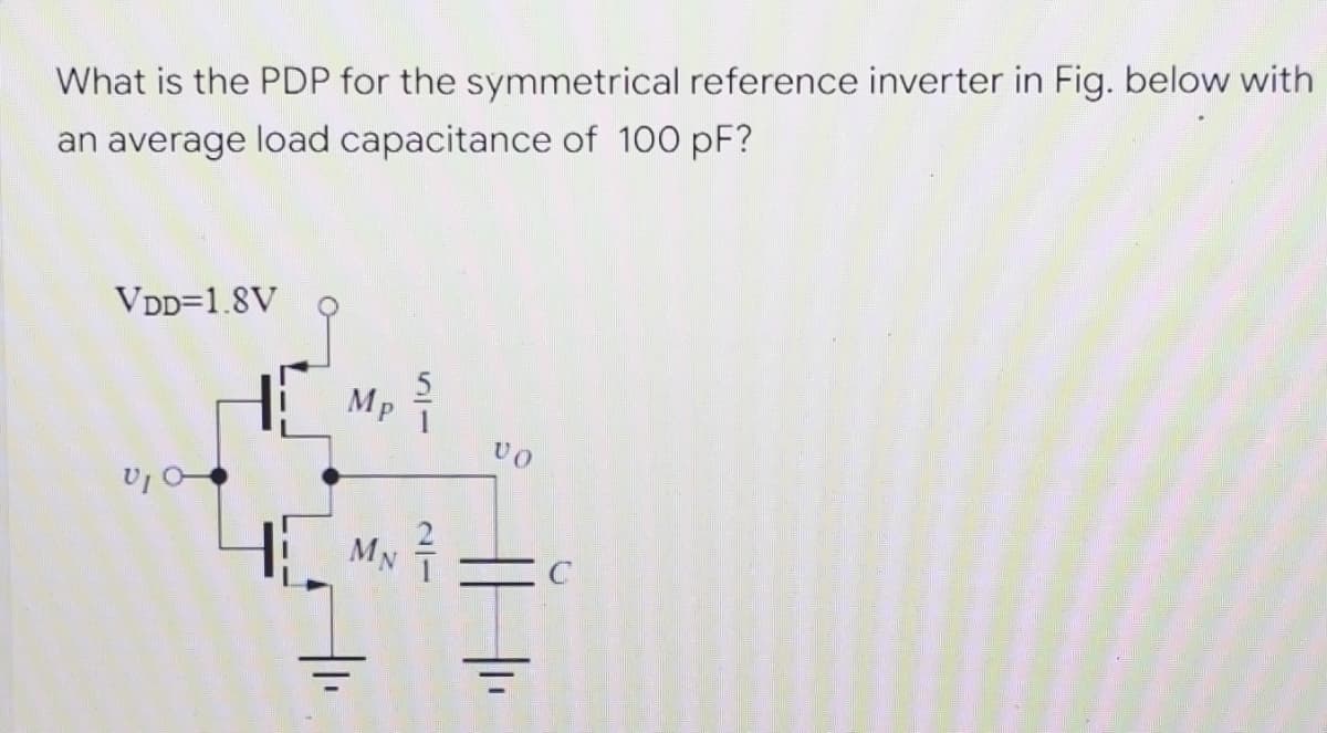 What is the PDP for the symmetrical reference inverter in Fig. below with
an average load capacitance of 100 pF?
VDD=1.8V
1₁ Mp 4/
VIC
VO