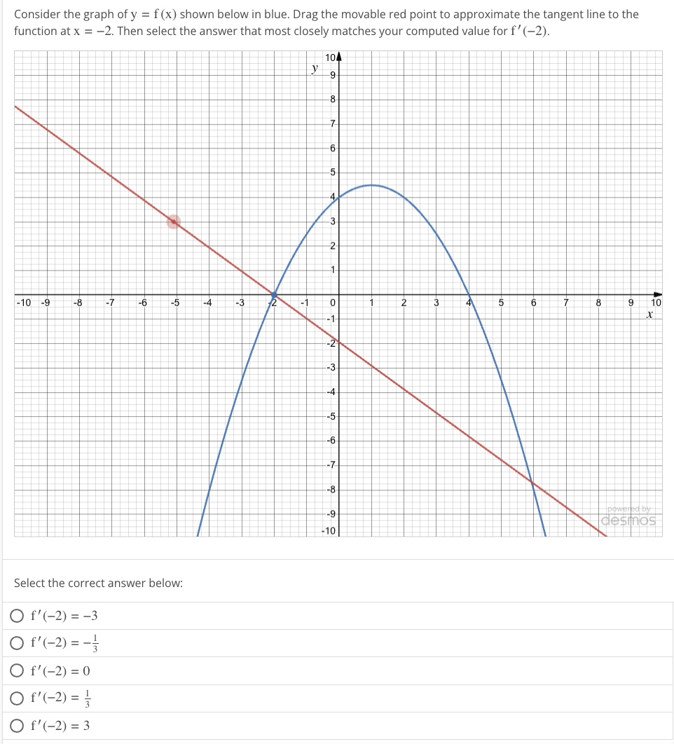 Consider the graph of y= f(x) shown below in blue. Drag the movable red point to approximate the tangent line to the
function at x = -2. Then select the answer that most closely matches your computed value for f'(-2).
-10 -9 -8
-7
O f'(-2) = -3
○ f'(-2) = -1/
O f'(-2) = 0
O f'(-2) =
O f'(-2) = 3
-6
-5
Select the correct answer below:
-4
-3
2
-1
y
104
-9
-8-
-7
-6
-5
4
-3
2
-1-
0
-1-
-2
--3-
-4
-5
-6
--7-
-8-
--9.
-10
1
2
3
4
5
6
7
8
9
10
X
powered by
desmos