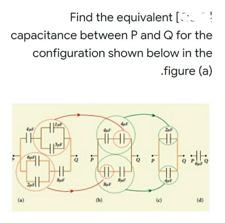 Find the equivalent [:-
capacitance between P and Q for the
configuration shown below in the
.figure (a)
ApF
4pF
2uF
3µF
6uF
Q
2F
SuF
SuF
8F
(a)
(b)
(c)
(d)

