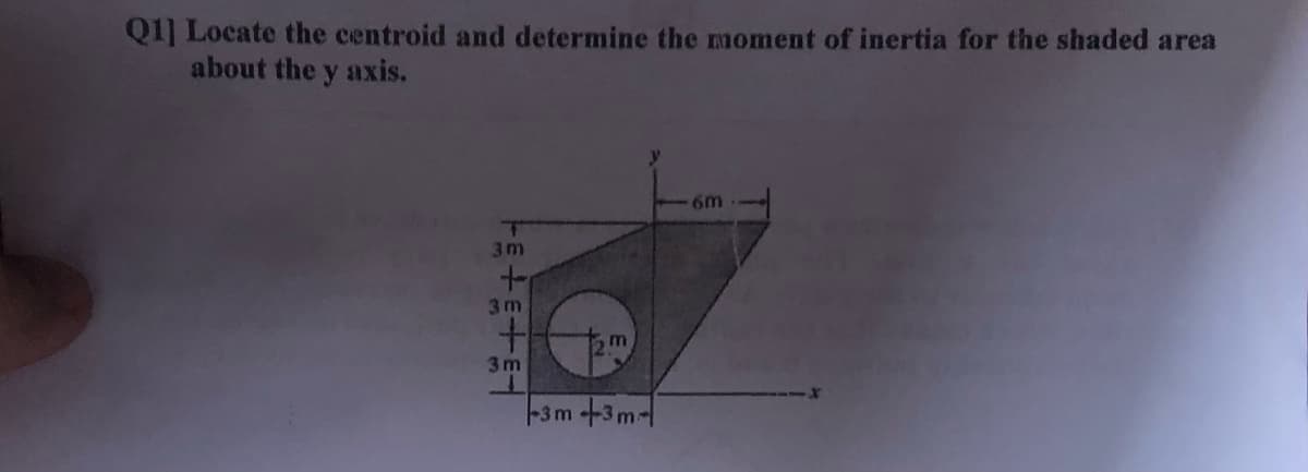 Q1] Locate the centroid and determine the moment of inertia for the shaded area
about the y axis.
6m
3m
3 m
4.
m
3 m
-3m +3m-
