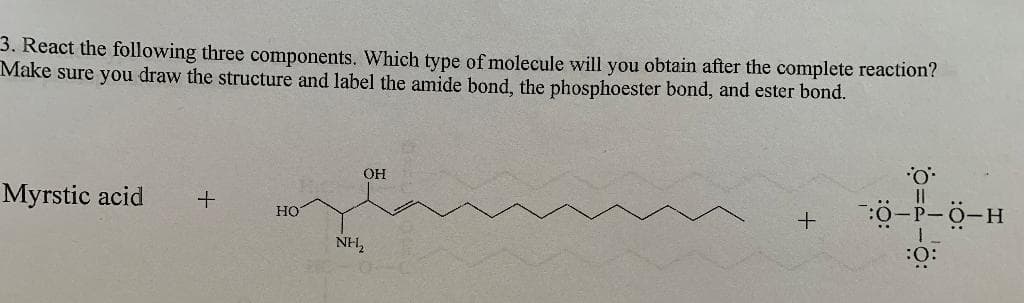 3. React the following three components. Which type of molecule will you obtain after the complete reaction?
Make sure you draw the structure and label the amide bond, the phosphoester bond, and ester bond.
OH
O
Myrstic acid +
HO
+ 7:0
:0:
NH₂
-H