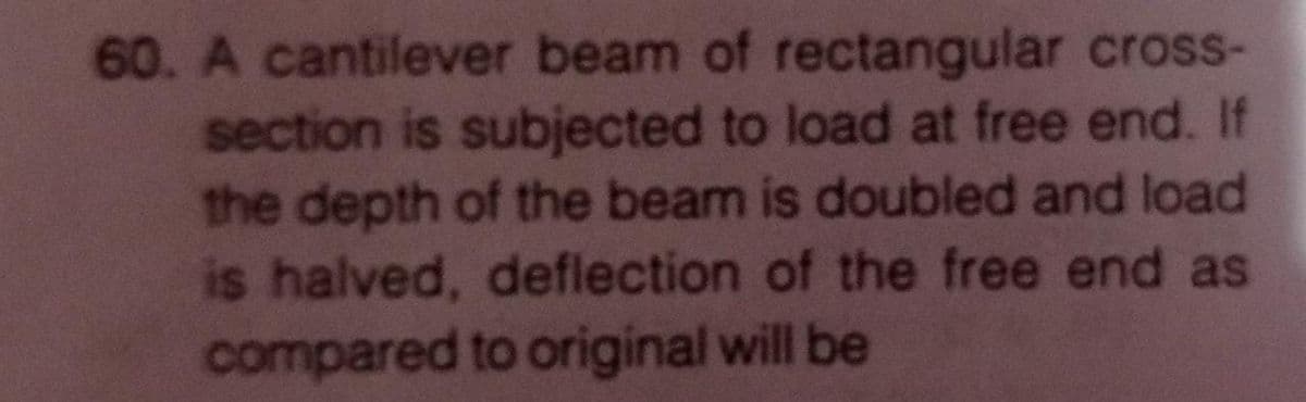 60. A cantilever beam of rectangular cross-
section is subjected to load at free end. If
the depth of the beam is doubled and load
is halved, deflection of the free end as
compared to original will be
