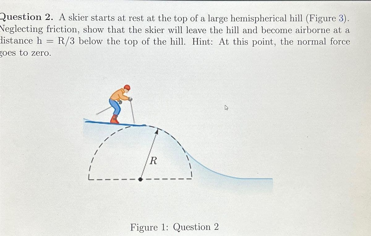Question 2. A skier starts at rest at the top of a large hemispherical hill (Figure 3).
Neglecting friction, show that the skier will leave the hill and become airborne at a
listance h
R/3 below the top of the hill. Hint: At this point, the normal force
goes to zero.
-
a
R
Figure 1: Question 2
B