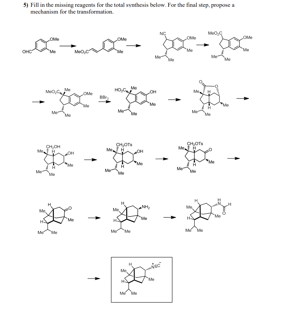 5) Fill in the missing reagents for the total synthesis below. For the final step, propose a
mechanism for the transformation.
NC
MeO₂C
OMe
OMe
OMe
OMe
Me
Me
OHC
Me
MeO2C
Me
Me
Me
Me
Me
Me
.OH
Me
-x-x--
Me
HO₂C
MeO2C
OMe
BBr3
Me
Me
Me
Me
Me
Me
H
Me
Me
Me
CH₂OH
Me H
OH
CH₂OTS
Me H
MOH
CH₂OTS
Me H
---
Me
H
Me
Me
Me
H
Me
Me
Me
H
Me
"Me
Me
H
Me
H
NH2
Me
H
* - * - Ø
H
Me
Me
Me
H
Me
Me
Me
H
Me
Me
Me
Me
H
H
Me Me
Me
H