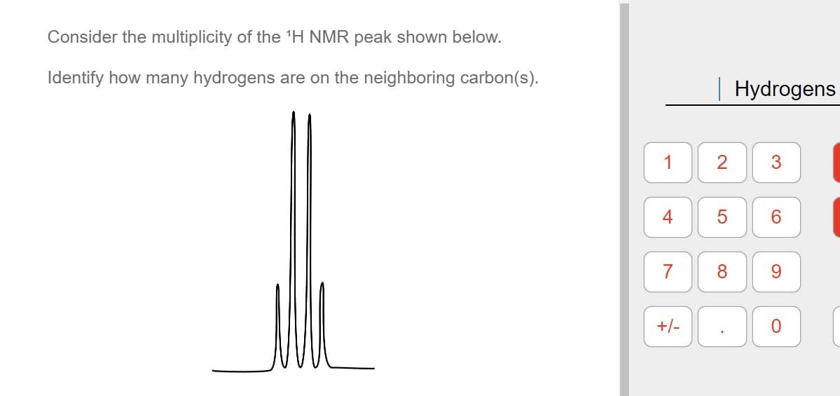 Consider the multiplicity of the ¹H NMR peak shown below.
Identify how many hydrogens are on the neighboring carbon(s).
1
7
+/-
2
5
Hydrogens
.
3
6
8 9
O