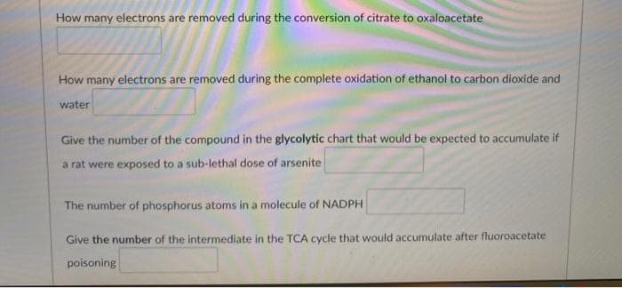 How many electrons are removed during the conversion of citrate to oxaloacetate
How many electrons are removed during the complete oxidation of ethanol to carbon dioxide and
water
Give the number of the compound in the glycolytic chart that would be expected to accumulate if
a rat were exposed to a sub-lethal dose of arsenite
The number of phosphorus atoms in a molecule of NADPH
Give the number of the intermediate in the TCA cycle that would accumulate after fluoroacetate
poisoning
