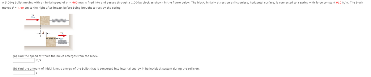 A 5.00-g bullet moving with an initial speed of v; = 460 m/s is fired into and passes through a 1.00-kg block as shown in the fiqure below. The block, initially at rest on a frictionless, horizontal surface, is connected to a spring with force constant 910 N/m. The block
moves d = 4.40 cm to the right after impact before being brought to rest by the spring.
(a) Find the speed at which the bullet emerges from the block.
m/s
(b) Find the amount of initial kinetic energy of the bullet that is converted into internal energy in bullet-block system during the collision.
