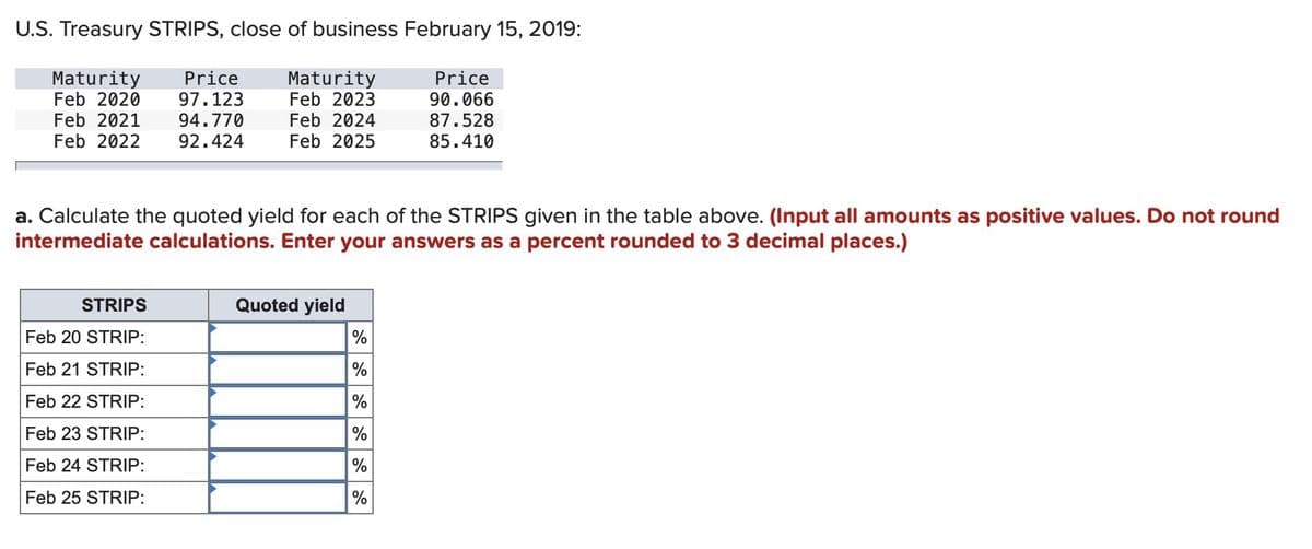U.S. Treasury STRIPS, close of business February 15, 2019:
Maturity
Price
Maturity
Price
Feb 2020 97.123
Feb 2021 94.770
Feb 2022 92.424
Feb 2023
90.066
Feb 2024
87.528
Feb 2025
85.410
a. Calculate the quoted yield for each of the STRIPS given in the table above. (Input all amounts as positive values. Do not round
intermediate calculations. Enter your answers as a percent rounded to 3 decimal places.)
STRIPS
Quoted yield
Feb 20 STRIP:
%
Feb 21 STRIP:
Feb 22 STRIP:
Feb 23 STRIP:
Feb 24 STRIP:
Feb 25 STRIP:
%
%
di di do
%
di do
%
%
୫୧