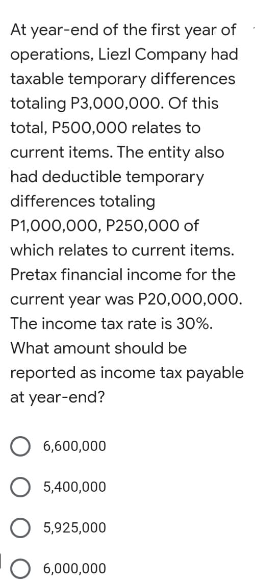 At year-end of the first year of
operations, Liezl Company had
taxable temporary differences
totaling P3,000,000. Of this
total, P500,000 relates to
current items. The entity also
had deductible temporary
differences totaling
P1,000,000, P250,000 of
which relates to current items.
Pretax financial income for the
current year was P20,000,000.
The income tax rate is 30%.
What amount should be
reported as income tax payable
at year-end?
O 6,600,000
O 5,400,000
O 5,925,000
6,000,000
