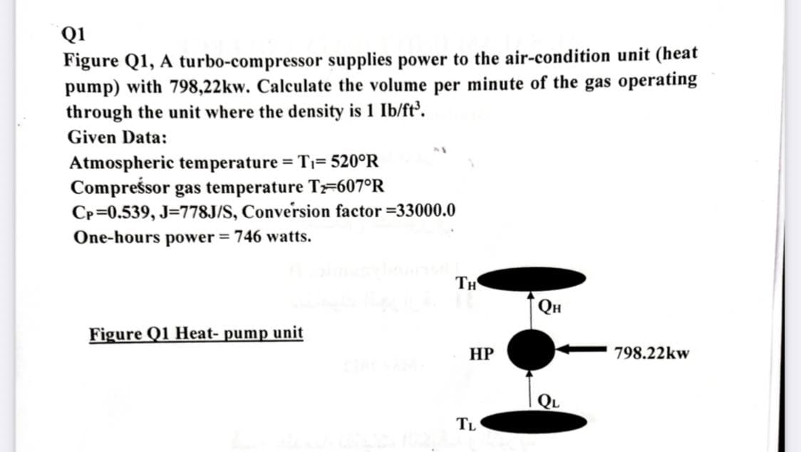Q1
Figure Q1, A turbo-compressor supplies power to the air-condition unit (heat
pump) with 798,22kw. Calculate the volume per minute of the gas operating
through the unit where the density is 1 Ib/ft'.
Given Data:
Atmospheric temperature = T= 520°R
Compresor gas temperature Tz=607°R
Cp=0.539, J=778J/S, Conversion factor =33000.0
One-hours power = 746 watts.
TH
QH
Figure Q1 Heat- pump unit
НР
798.22kw
TL
