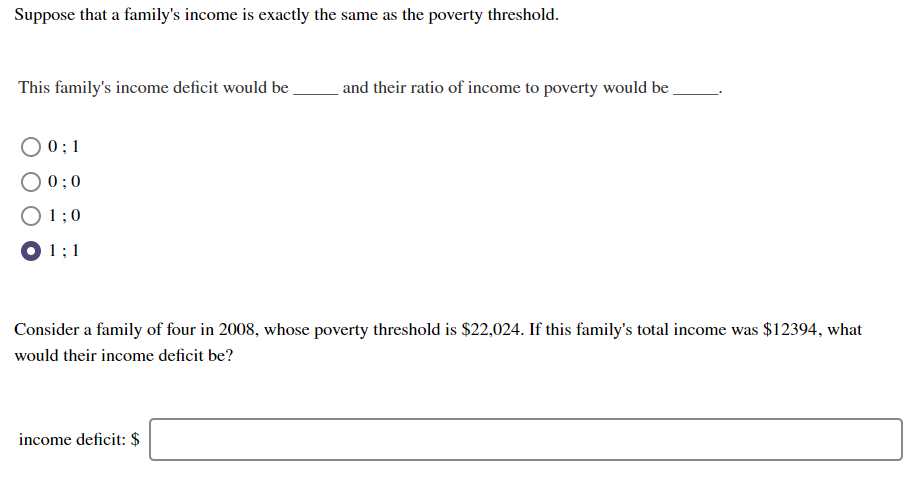 Suppose that a family's income is exactly the same as the poverty threshold.
This family's income deficit would be
and their ratio of income to poverty would be
O 0; 1
0 ; 0
1;0
O 1;1
Consider a family of four in 2008, whose poverty threshold is $22,024. If this family's total income was $12394, what
would their income deficit be?
income deficit: $
