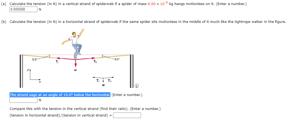 (a) Calculate the tension (in N) in a vertical strand of spiderweb if a spider of mass 6.00 x 105 kg hangs motionless on it. (Enter a number.)
0.000588
(b) Calculate the tension (in N) in a horizontal strand of spiderweb if the same spider sits motionless in the middle of it much like the tightrope walker in the figure.
5.0°
-5.0°
T.
TR
T. TR
w
The strand sags at an angle of 10.0° below the horizontal. (Enter a number.)
N
Compare this with the tension in the vertical strand (find their ratio). (Enter a number.)
(tension in horizontal strand)/(tension in vertical strand) =
