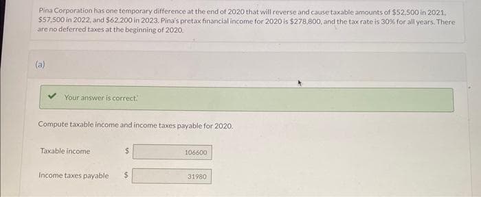 Pina Corporation has one temporary difference at the end of 2020 that will reverse and cause taxable amounts of $52,500 in 2021.
$57,500 in 2022, and $62,200 in 2023. Pina's pretax financial income for 2020 is $278,800, and the tax rate is 30% for all years. There
are no deferred taxes at the beginning of 2020.
(a)
Your answer is correct.
Compute taxable income and income taxes payable for 2020.
Taxable income
Income taxes payable. $
106600
31980