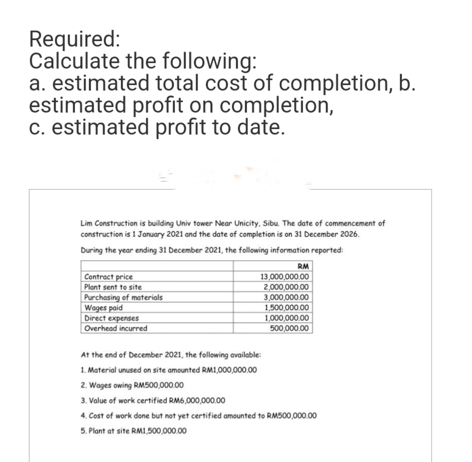 Required:
Calculate the following:
a. estimated total cost of completion, b.
estimated profit on completion,
c. estimated profit to date.
Lim Construction is building Univ tower Near Unicity, Sibu. The date of commencement of
construction is 1 January 2021 and the date of completion is on 31 December 2026.
During the year ending 31 December 2021, the following information reported:
RM
Contract price
Plant sent to site
Purchasing of materials
Wages paid
Direct expenses
Overhead incurred
13,000,000.00
2,000,000.00
3,000,000.00
1,500,000.00
1,000,000.00
500,000.00
At the end of December 2021, the following available:
1. Material unused on site amounted RM1,000,000.00
2. Wages owing RM500,000.00
3. Value of work certified RM6,000,000.00
4. Cost of work done but not yet certified amounted to RM500,000.00
5. Plant at site RM1,500,000.00
