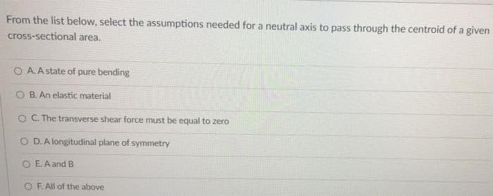 From the list below, select the assumptions needed for a neutral axis to pass through the centroid of a given
cross-sectional area.
O A. A state of pure bending
B. An elastic material
C. The transverse shear force must be equal to zero
O D. A longitudinal plane of symmetry
OE. A and B
OF. All of the above