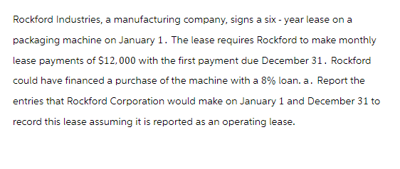 Rockford Industries, a manufacturing company, signs a six-year lease on a
packaging machine on January 1. The lease requires Rockford to make monthly
lease payments of $12,000 with the first payment due December 31. Rockford
could have financed a purchase of the machine with a 8% loan. a. Report the
entries that Rockford Corporation would make on January 1 and December 31 to
record this lease assuming it is reported as an operating lease.