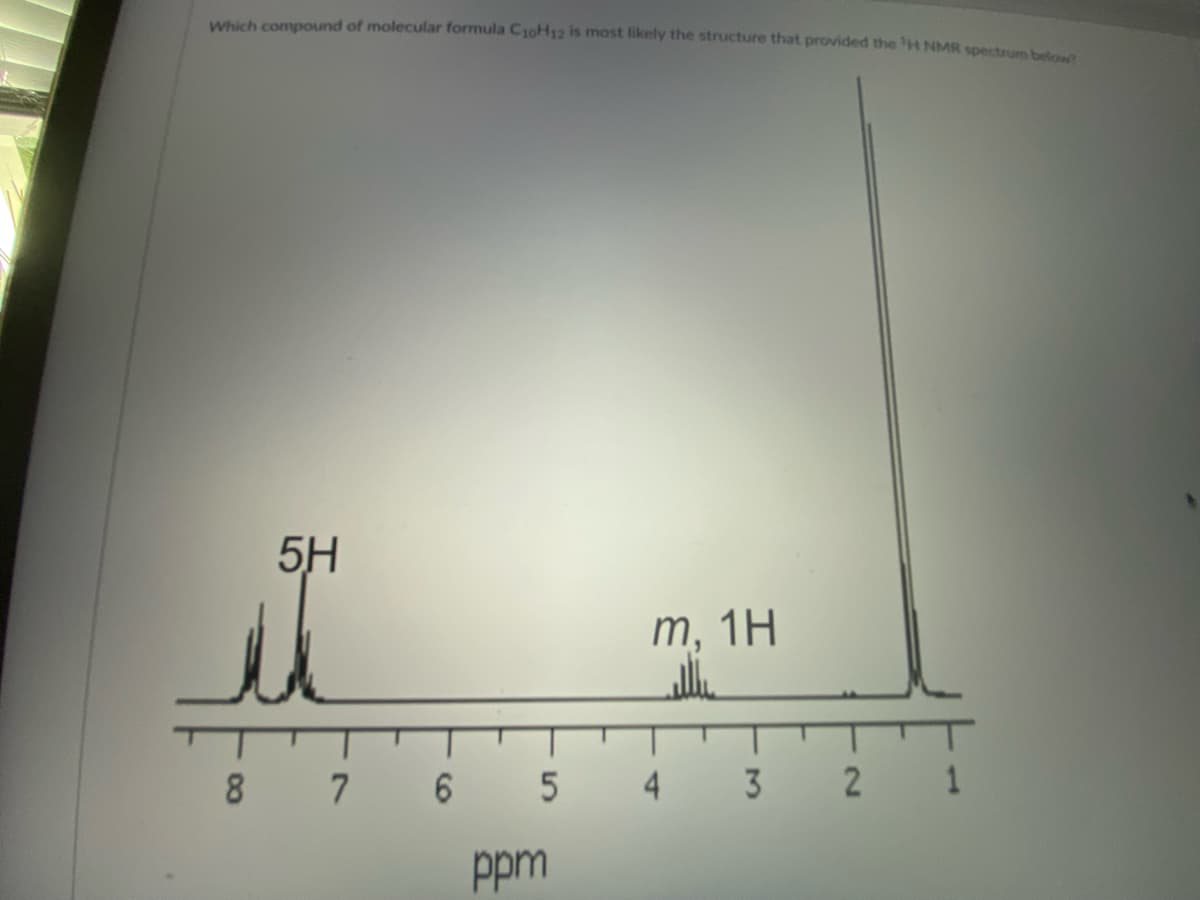 Which compound of molecular formula C10H12 is most likely the structure that provided the H NMR spectrum below?
5.H
876
m, 1H
5 4 3 2
ppm