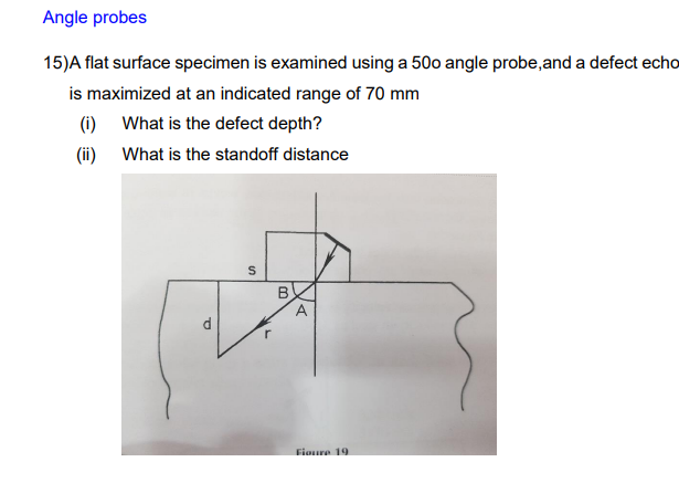 Angle probes
15)A flat surface specimen is examined using a 50o angle probe,and a defect echo
is maximized at an indicated range of 70 mm
(i) What is the defect depth?
(ii) What is the standoff distance
B
A
Fioure 19

