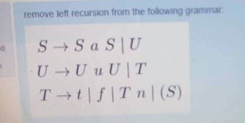remove left recursion from the following grammar:
S S a S|U
U UuU|T
T t|f|T n| (S)
