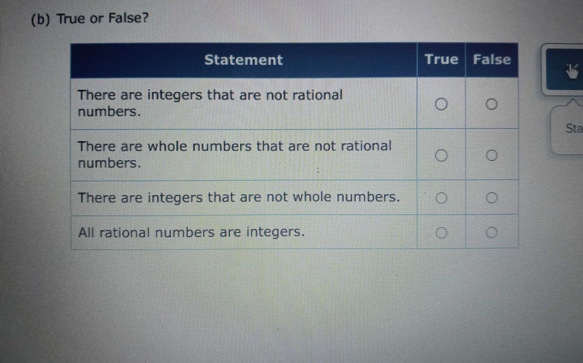 (b) True or False?
Statement
True False
There are integers that are not rational
numbers.
Sta
There are whole numbers that are not rational
numbers.
There are integers that are not whole numbers.
All rational numbers are integers.
