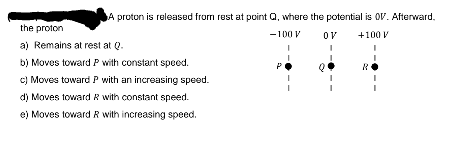 A proton is released from rest at point Q, where the potential is OV. Afterward.
-100 V
OV +100 V
the proton
a) Remains at rest at Q.
b) Moves toward P with constant speed.
c) Moves toward P with an increasing speed.
d) Moves toward R with constant speed.
e) Moves toward R with increasing speed.