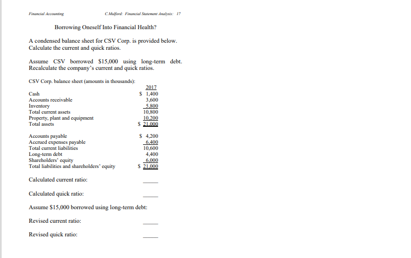 Financial Accounting
C.Mulford: Financial Statement Analysis: 17
Borrowing oneself Into Financial Health?
A condensed balance sheet for CSV Corp. is provided below.
Calculate the current and quick ratios.
Assume CSV borrowed $15,000 using long-term debt.
Recalculate the company's current and quick ratios.
CSV Corp. balance sheet (amounts in thousands):
Cash
Accounts receivable
Inventory
Total current assets
Property, plant and equipment
Total assets
2017
$1,400
3,600
5.800
10,800
10,200
$ 21.000
Accounts payable
Accrued expenses payable
Total current liabilities
Long-term debt
Shareholders' equity
Total liabilities and shareholders' equity
Calculated current ratio:
Calculated quick ratio:
Assume $15,000 borrowed using long-term debt:
Revised current ratio:
Revised quick ratio:
$ 4,200
6.400
10,600
4,400
6,000
$ 21.000