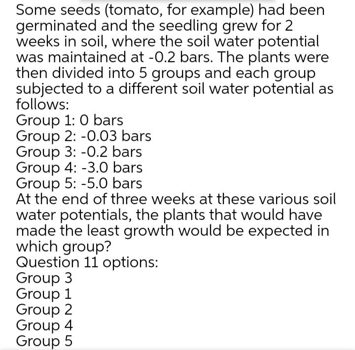 Some seeds (tomato, for example) had been
germinated and the seedling grew for 2
weeks in soil, where the soil water potential
was maintained at -0.2 bars. The plants were
then divided into 5 groups and each group
subjected to a different soil water potential as
follows:
Group 1: 0 bars
Group 2: -0.03 bars
Group 3: -0.2 bars
Group 4: -3.0 bars
Group 5: -5.0 bars
At the end of three weeks at these various soil
water potentials, the plants that would have
made the least growth would be expected in
which group?
Question 11 options:
Group 3
Group 1
Group 2
Group 4
Group 5

