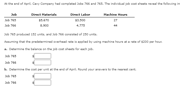 At the end of April, Cavy Company had completed Jobs 766 and 765. The individual job cost sheets reveal the following int
Job
Direct Materials
Direct Labor
Machine Hours
Job 765
$5,670
$3,500
27
Job 766
8,900
4,775
44
Job 765 produced 152 units, and Job 766 consisted of 250 units.
Assuming that the predetermined overhead rate is applied by using machine hours at a rate of $200 per hour.
a. Determine the balance on the job cost sheets for each job.
Job 765
Job 766
b. Determine the cost per unit at the end of April. Round your answers to the nearest cent.
Job 765
Job 766
