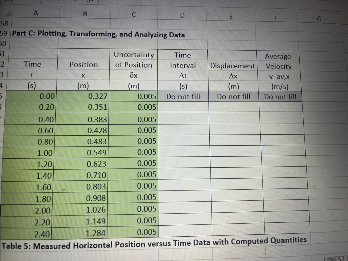 A
3
4
D
Time
t
(s)
58
59 Part C: Plotting, Transforming, and Analyzing Data
50
51
2
0.00
0.20
0.40
0.60
0.80
1.00
1.20
1.40
1.60
1.80
2.00
2.20
2.40
B
w
Position
X
(m)
C
0.327
0.351
Uncertainty
of Position
Sx
(m)
0.005
0.005
D
0.005
0.005
0.005
0.005
0.005
0.005
0.005
0.005
0.005
0.005
0.005
Time
Interval
At
(s)
Do not fill
E
Displacement
Ax
F
Average
Velocity
v_av,x
(m)
(m/s)
Do not fill Do not fill
0.383
0.428
0.483
0.549
0.623
0.710
0.803
0.908
1.026
1.149
1.284
Table 5: Measured Horizontal Position versus Time Data with Computed Quantities
G
LINEST