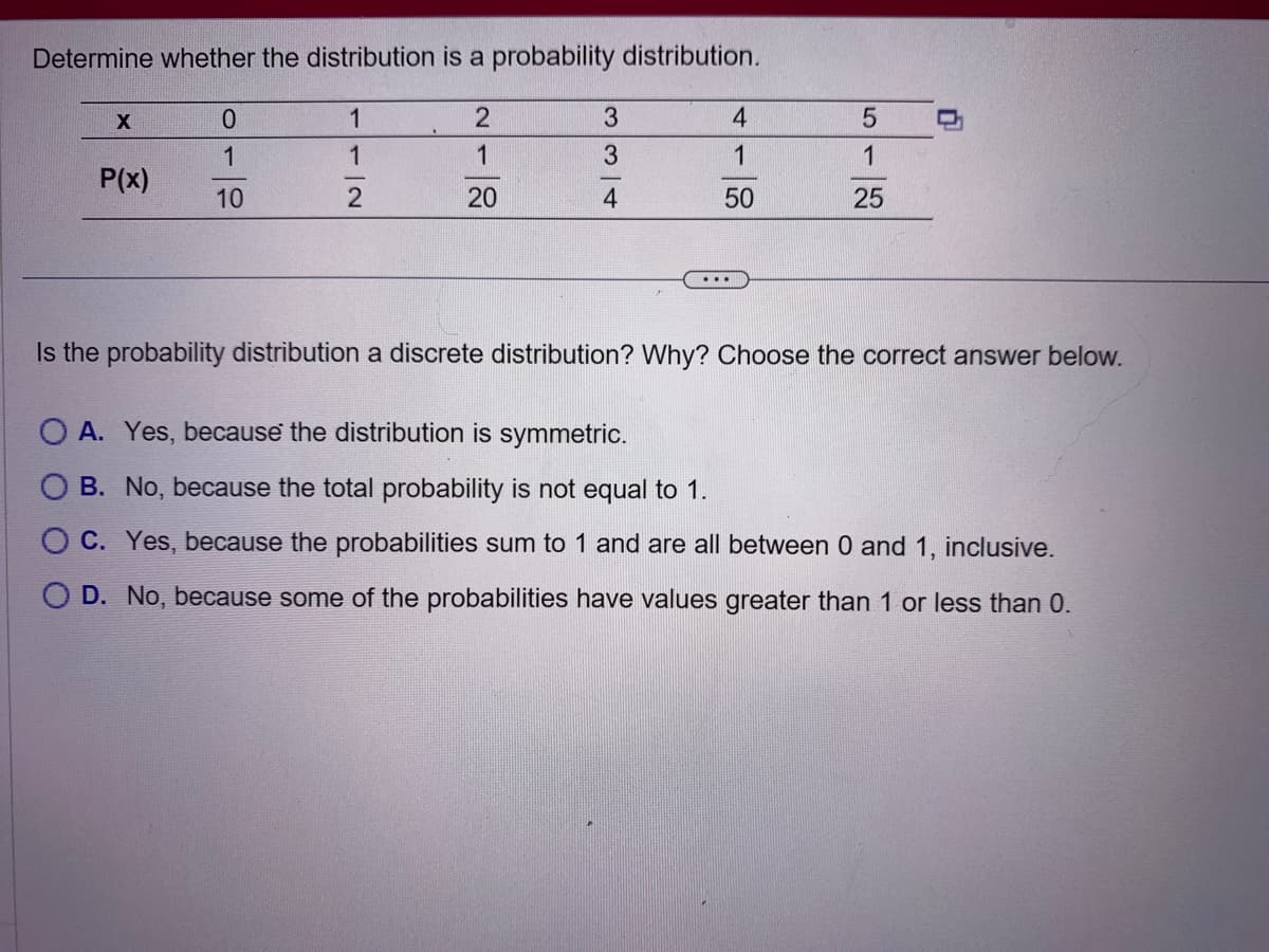 Determine whether the distribution is a probability distribution.
1
2
1
1
2
20
X
P(x)
0
1
10
3
3
4
4
1
50
5
1
25
Is the probability distribution a discrete distribution? Why? Choose the correct answer below.
OA. Yes, because the distribution is symmetric.
OB. No, because the total probability is not equal to 1.
C. Yes, because the probabilities sum to 1 and are all between 0 and 1, inclusive.
OD. No, because some of the probabilities have values greater than 1 or less than 0.