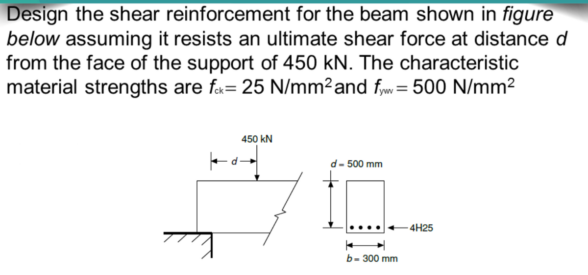 Design the shear reinforcement for the beam shown in figure
below assuming it resists an ultimate shear force at distance d
from the face of the support of 450 kN. The characteristic
material strengths are fok= 25 N/mm²and fm = 500 N/mm²
450 kN
d= 500 mm
-4H25
b= 300 mm
