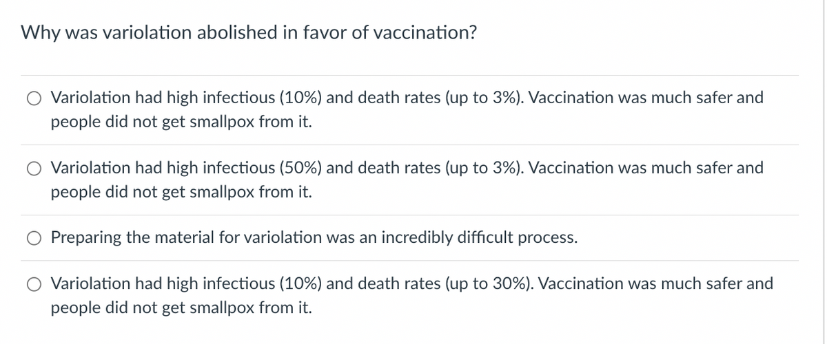Why was variolation abolished in favor of vaccination?
Variolation had high infectious (10%) and death rates (up to 3%). Vaccination was much safer and
people did not get smallpox from it.
Variolation had high infectious (50%) and death rates (up to 3%). Vaccination was much safer and
people did not get smallpox from it.
Preparing the material for variolation was an incredibly difficult process.
Variolation had high infectious (10%) and death rates (up to 30%). Vaccination was much safer and
people did not get smallpox from it.
