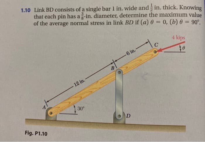 1.10 Link BD consists of a single bar 1 in. wide and in. thick. Knowing
that each pin has a g-in. diameter, determine the maximum value
of the average normal stress in link BD if (a) 0 = 0, (b) 0 = 90°.
Fig. P1.10
12 in..
30°
B
-6 in.-
D
C
4 kips
0
