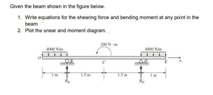 Given the beam shown in the figure below.
1. Write equations for the shearing force and bending moment at any point in the
beam
2. Plot the snear and moment diagram.
200 N - m
4000 N/m
4000 N/m
OB
C
1.5 m
1.5m
Im
I m
Rp
