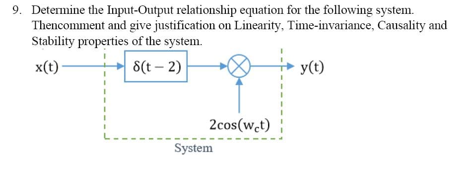9. Determine the Input-Output relationship equation for the following system.
Thencomment and give justification on Linearity, Time-invariance, Causality and
Stability properties of the system.
x(t)
8(t – 2)
y(t)
|
2cos(w.t)
L
System
