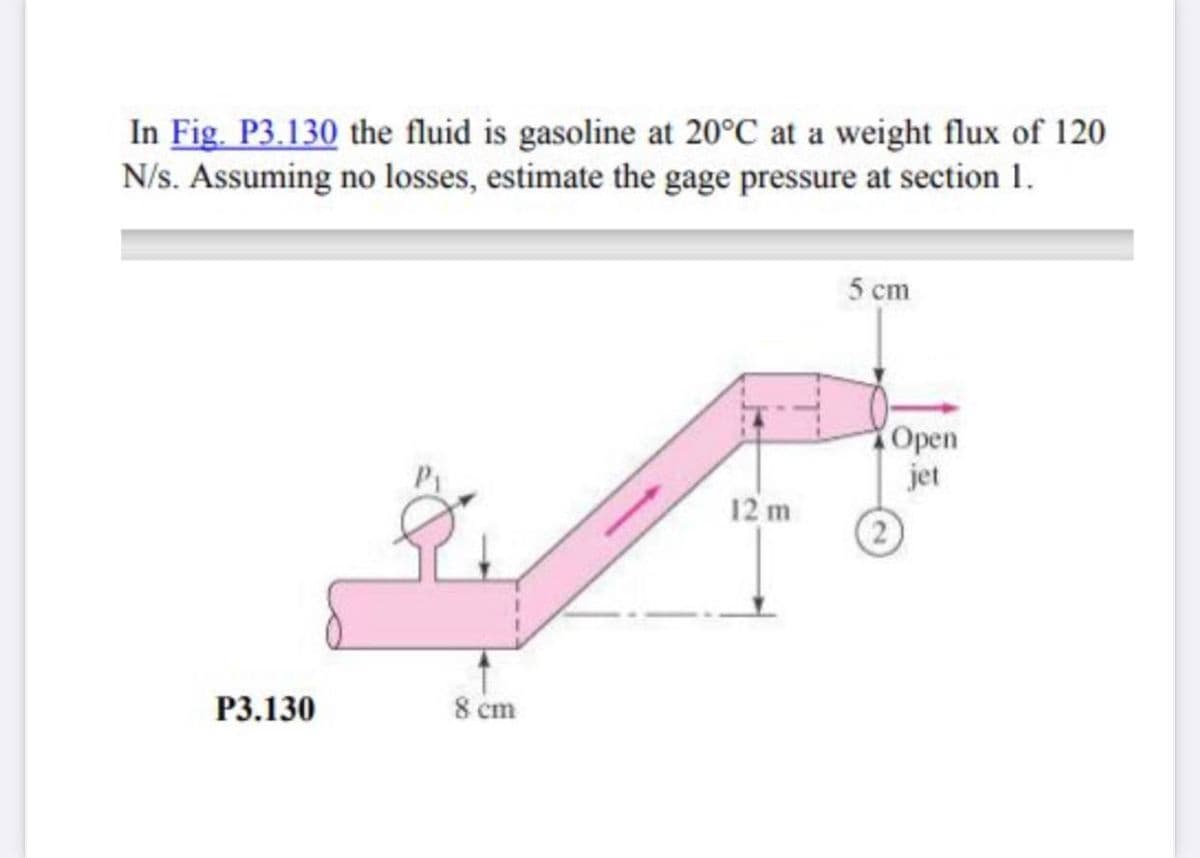 In Fig. P3.130 the fluid is gasoline at 20°C at a weight flux of 120
N/s. Assuming no losses, estimate the gage pressure at section 1.
5 сm
(Open
jet
12 m
2)
Р3.130
8 cm
